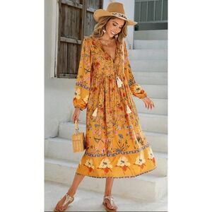 R. Vivimos Rayon Orange Pink Grey Floral Long Sleeve Peasant Boho Maxi Dress 2XL